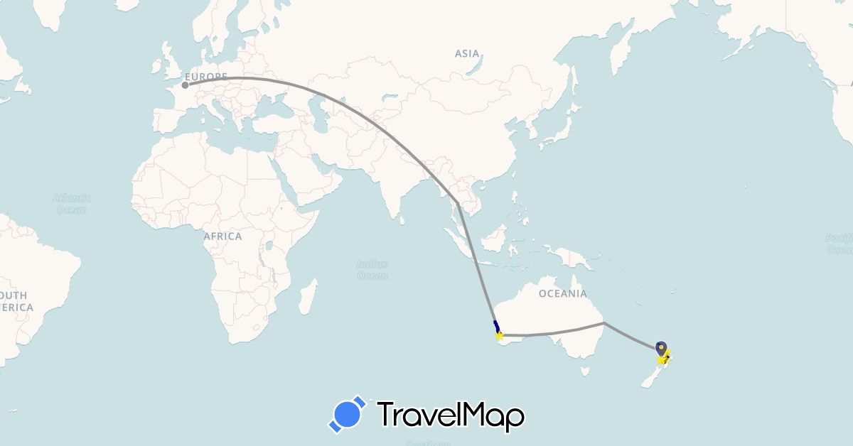 TravelMap itinerary: driving, bus, plane, cycling, train, hiking, boat, hitchhiking in Australia, France, New Zealand, Thailand (Asia, Europe, Oceania)